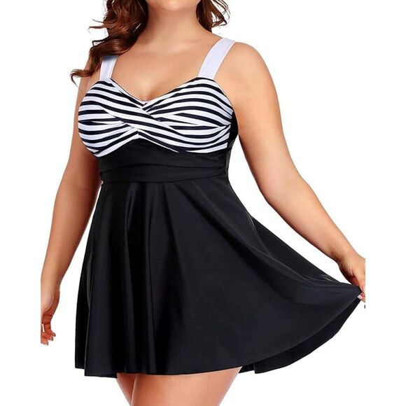 NWT Aqua Eve Black and white strip Swim Dress and short bottoms - Picture 1 of 6